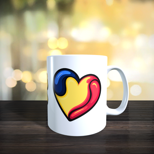 Cană personalizată „România din inimă” – design tricolor modern, 330 ml, albă