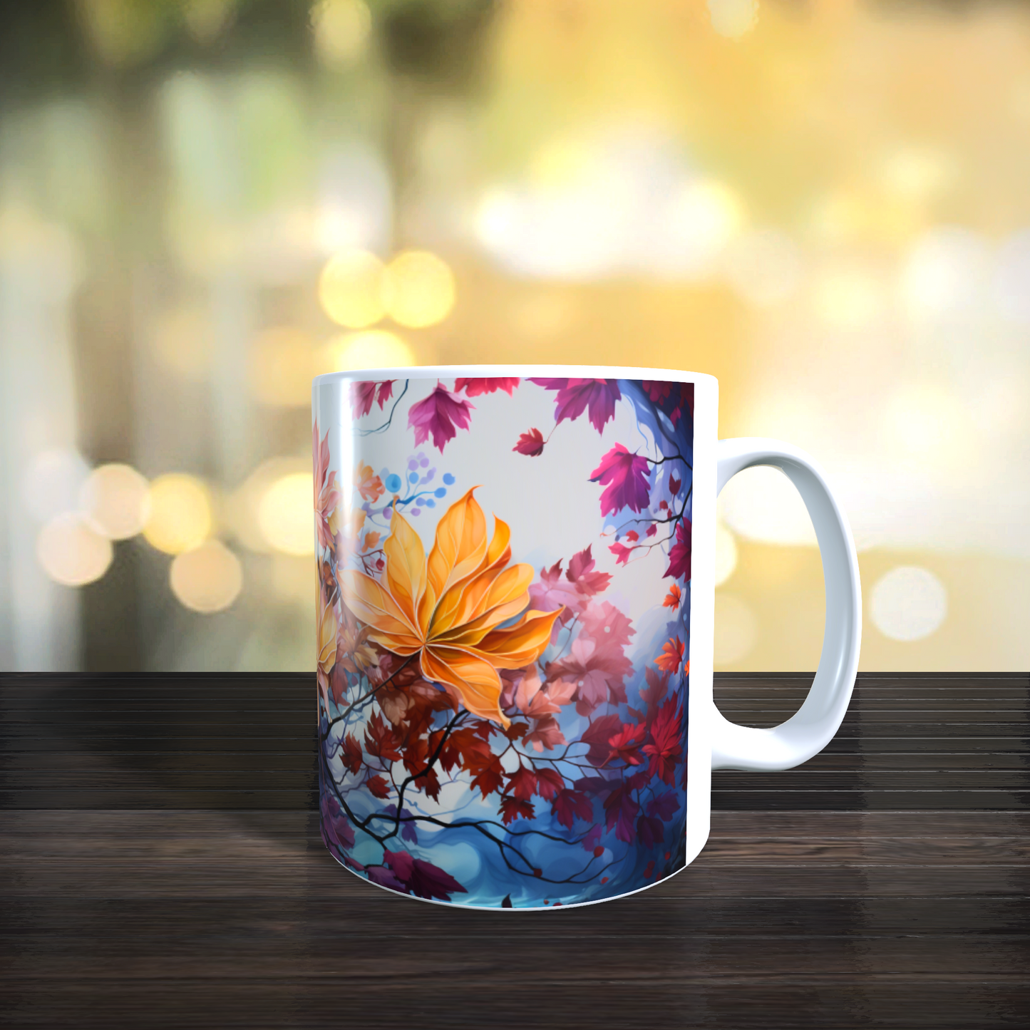 Cană ceramică personalizată cu frunze pastel și accente de toamnă – 330 ml, albă