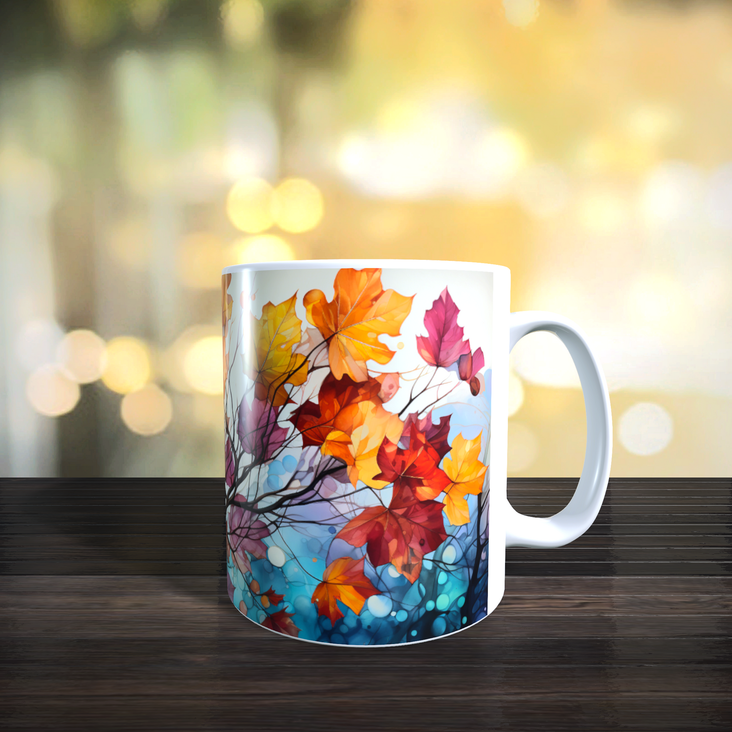 Cană ceramică personalizată cu ramuri și frunze colorate de toamnă – 330 ml, albă