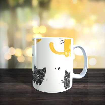 Cană ceramică personalizată „Pisici minimaliste galben-negru” – 330 ml, albă