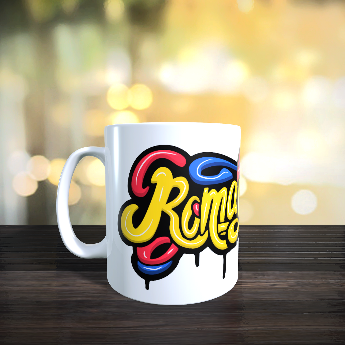 Cană personalizată „Zbor românesc” – fluture tricolor și text România, 330 ml, albă