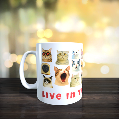 Cana Personalizata cu Pisici Meme „Live in the Mew-ment” – Pisici Funny, Banana Cat, Grumpy Cat, 330ml, alba