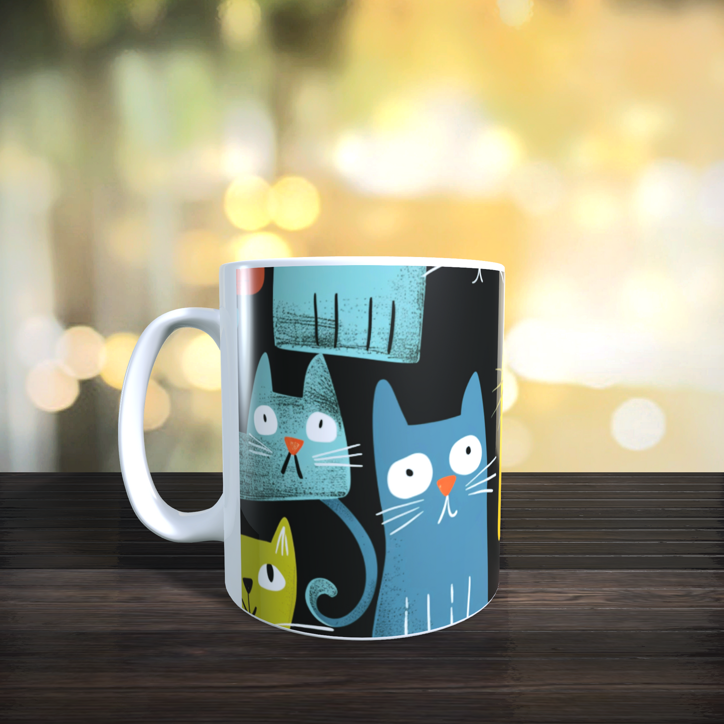 Cană ceramică personalizată „Pisici nebune pe fundal negru” – 330 ml, albă