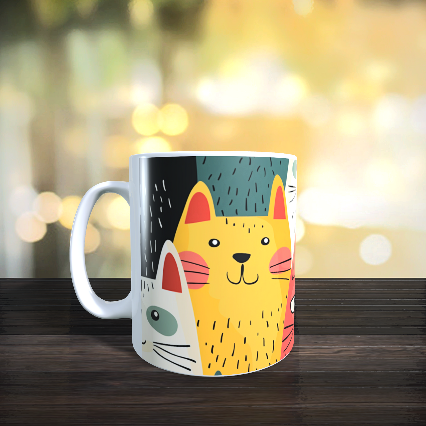 Cană ceramică personalizată „Pisici colorate – design abstract” – 330 ml, albă | MoonPrint