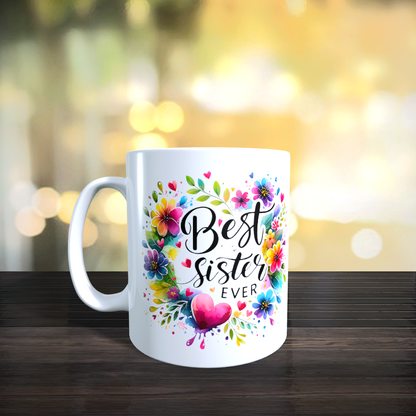 Cană ceramică personalizată „Best Sister Ever” – 330 ml, albă