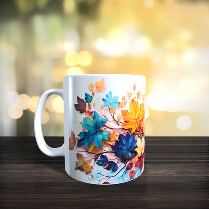 Cană ceramică personalizată cu frunze de toamnă aurii și albastre – 330 ml, albă