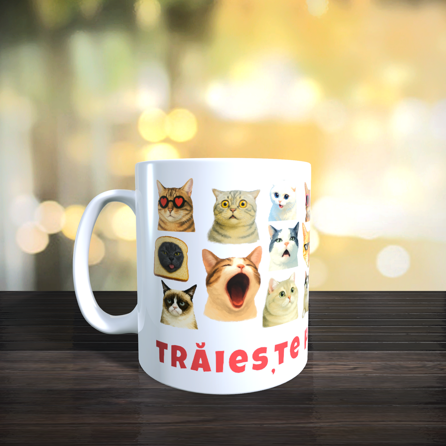 Cana Personalizata cu Pisici Meme „Trăiește pisi-momentul” – Pisici Funny, Banana Cat, Grumpy Cat, 330ml, alba