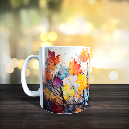 Cană ceramică personalizată cu ramuri și frunze colorate de toamnă – 330 ml, albă