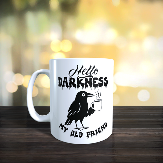 Cană ceramică personalizată „Hello darkness my old friend” – 330 ml, albă