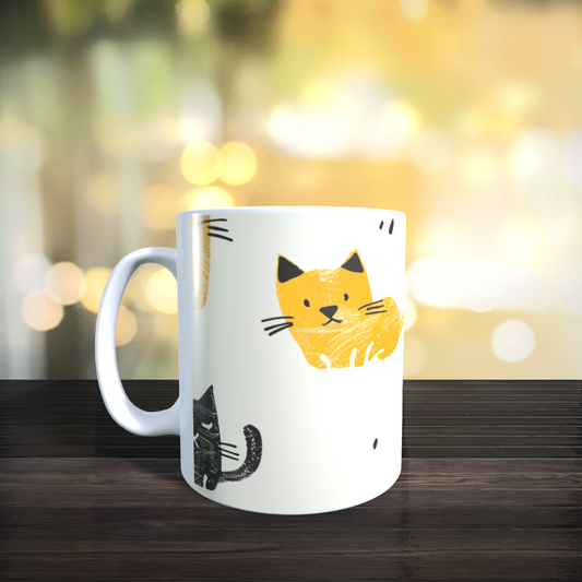 Cană ceramică personalizată „Pisici minimaliste galben-negru” – 330 ml, albă