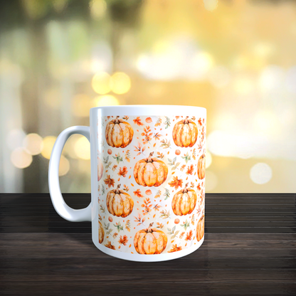 Cană ceramică personalizată „Dovleci și frunze de Toamnă” – 330 ml, albă