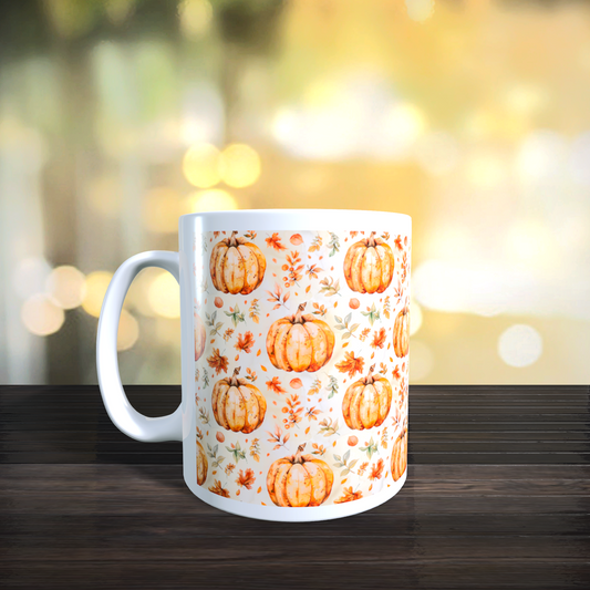 Cană ceramică personalizată „Dovleci și frunze de Toamnă” – 330 ml, albă