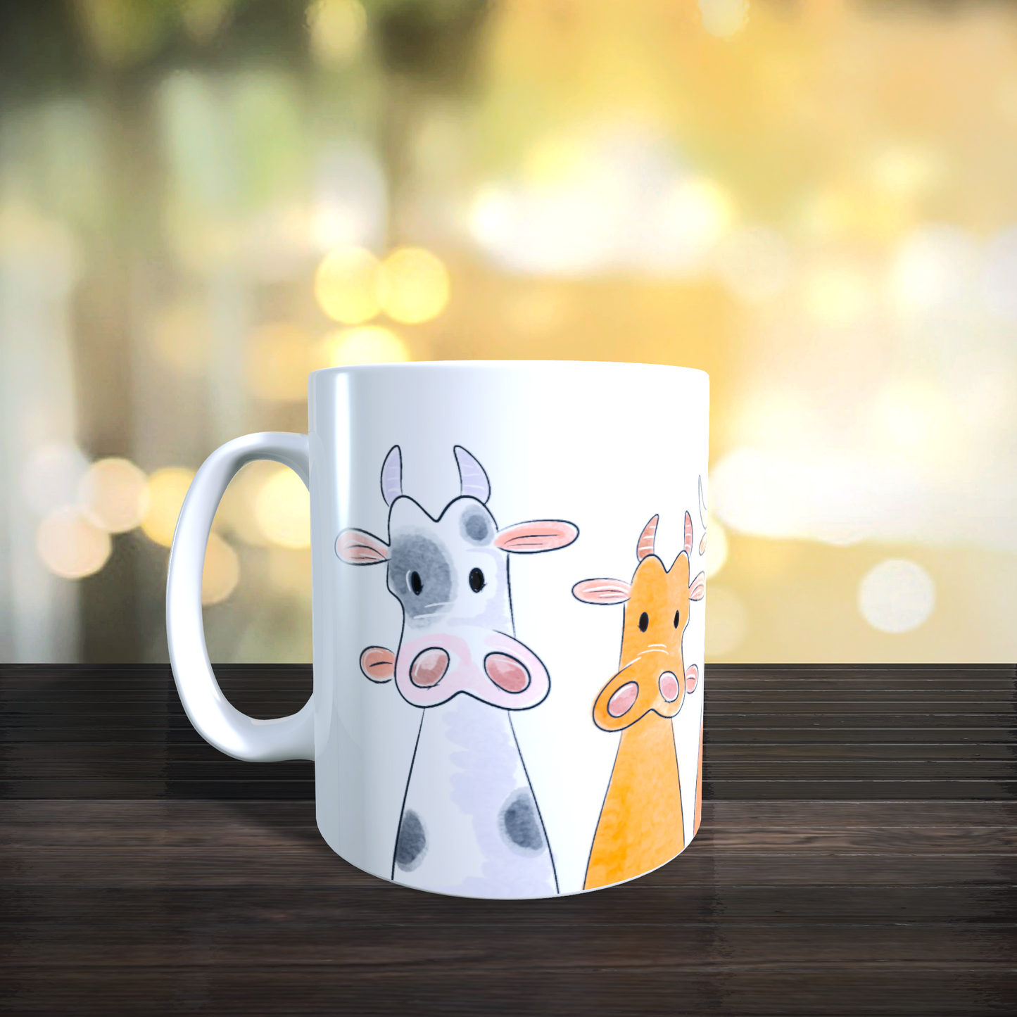 Cană ceramică personalizată „Vaci haioase colorate” – 330 ml, albă