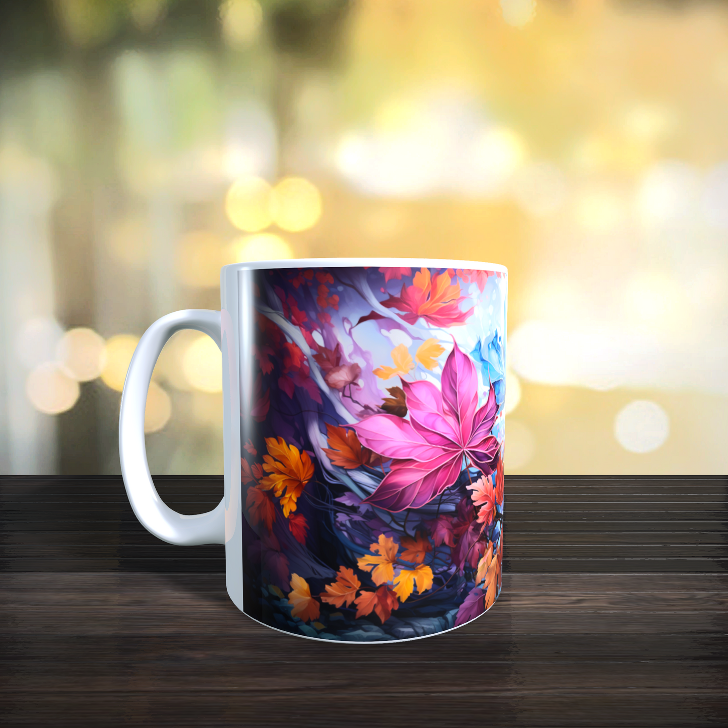 Cană ceramică personalizată cu frunze pastel și accente de toamnă – 330 ml, albă