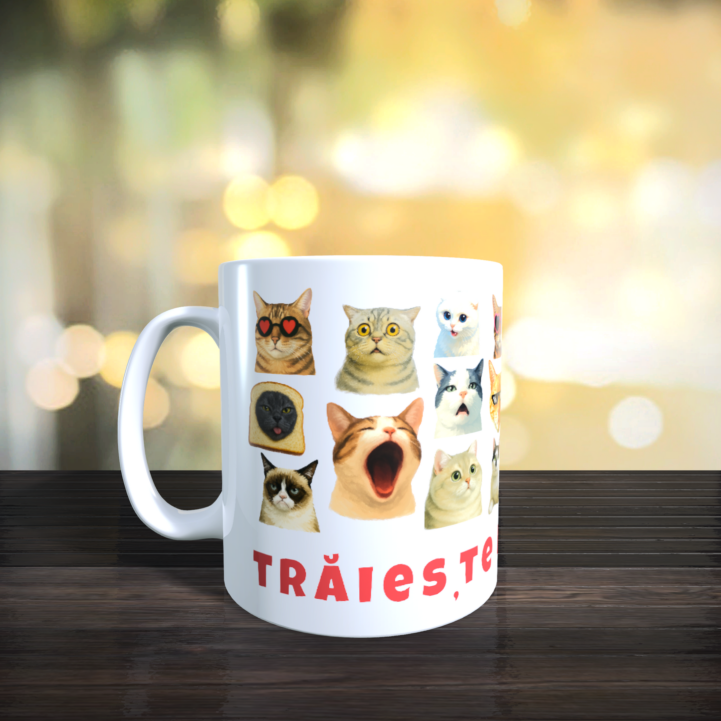 Cana Personalizata cu Pisici Meme „Trăiește miau-mentul” – Pisici Funny, Banana Cat, Grumpy Cat, 330ml, alba