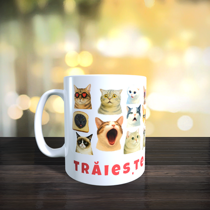 Cana Personalizata cu Pisici Meme „Trăiește miau-mentul” – Pisici Funny, Banana Cat, Grumpy Cat, 330ml, alba