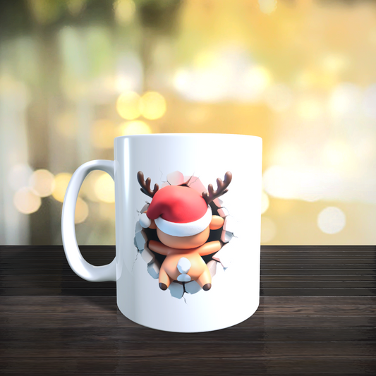 Cană ceramică personalizată „Renul poznaș 3D” V2 – 330 ml, albă