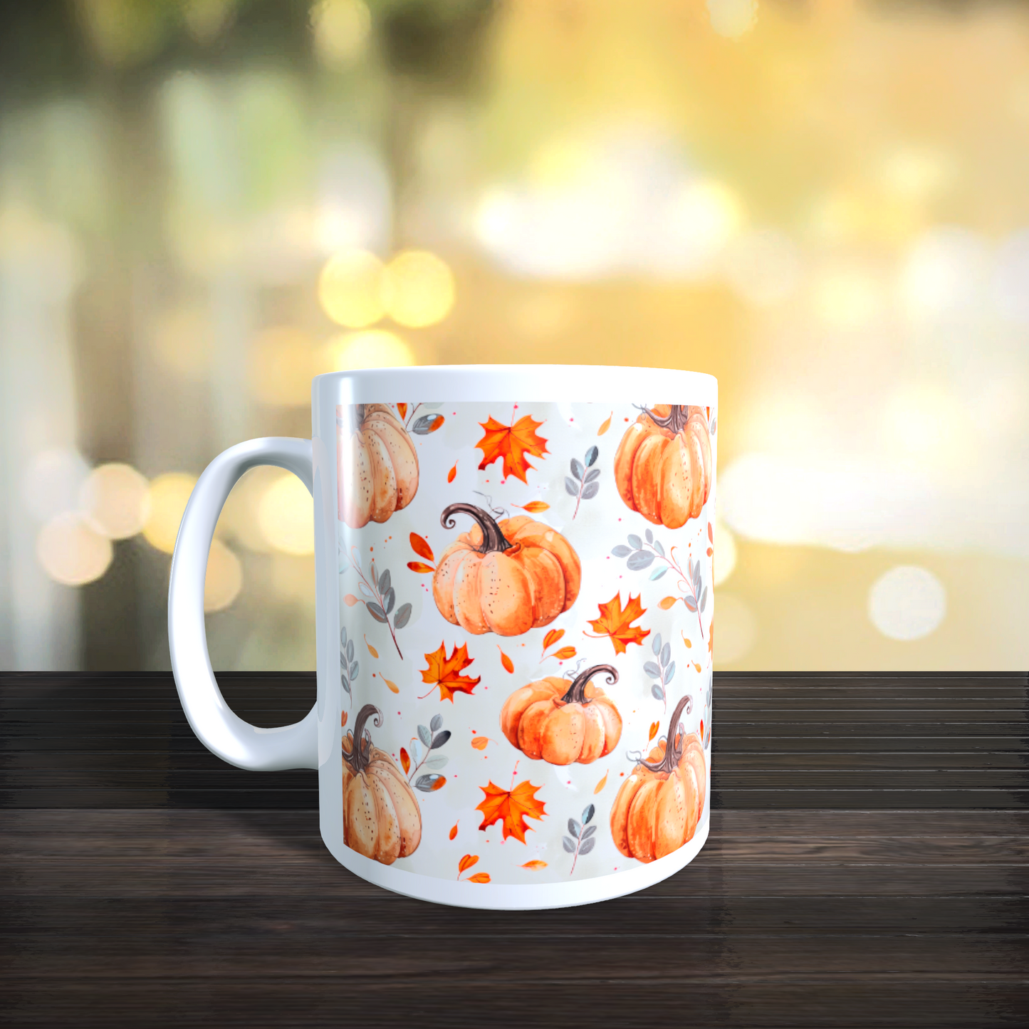 Cană ceramică personalizată „Dovleci portocalii și frunze roșii” – 330 ml, albă