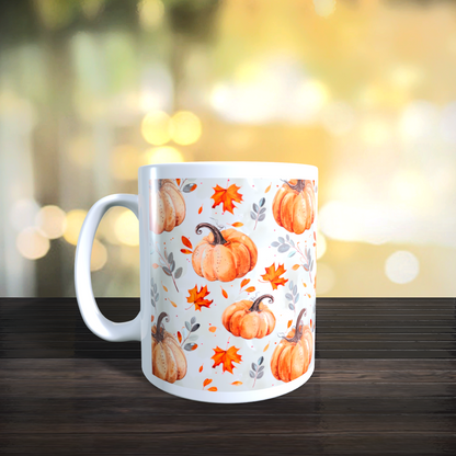 Cană ceramică personalizată „Dovleci portocalii și frunze roșii” – 330 ml, albă