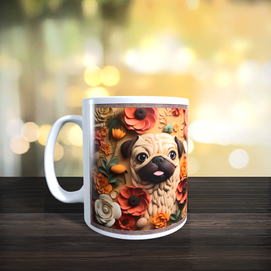 Cană ceramică personalizată „Pug printre flori în tablou” – 330 ml, albă