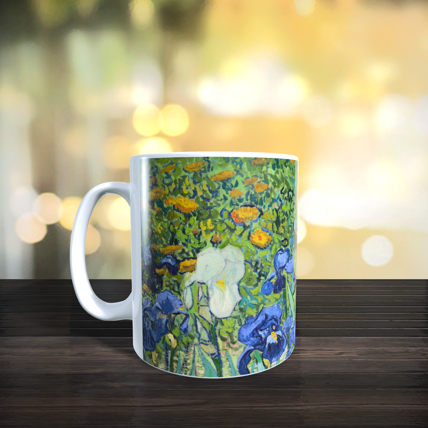 Cană ceramică „Vincent van Gogh – Iriși” – 330 ml, albă