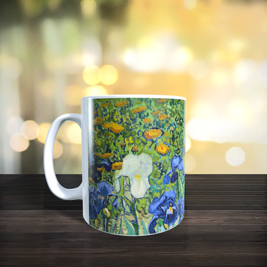 Cană ceramică „Vincent van Gogh – Iriși” – 330 ml, albă