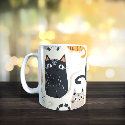 Cană ceramică personalizată „Pisici grafice alb-negru-portocaliu” – 330 ml, albă