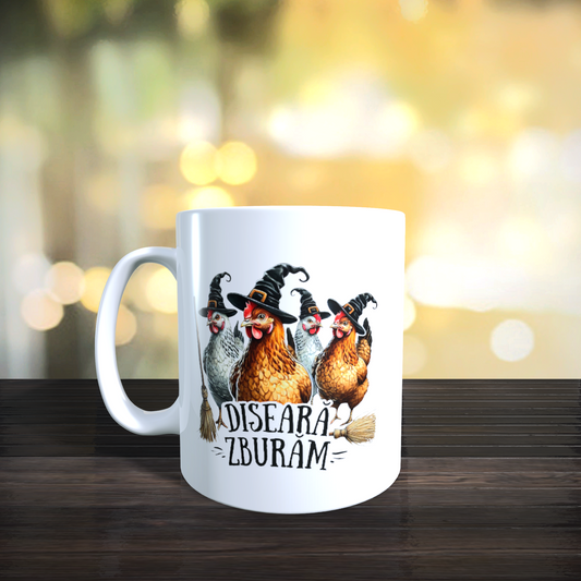 Cană ceramică personalizată „Diseară zburăm” – 330 ml, albă