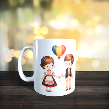 Cană personalizată „România înflorită” – design cu port popular și hartă florală tricoloră