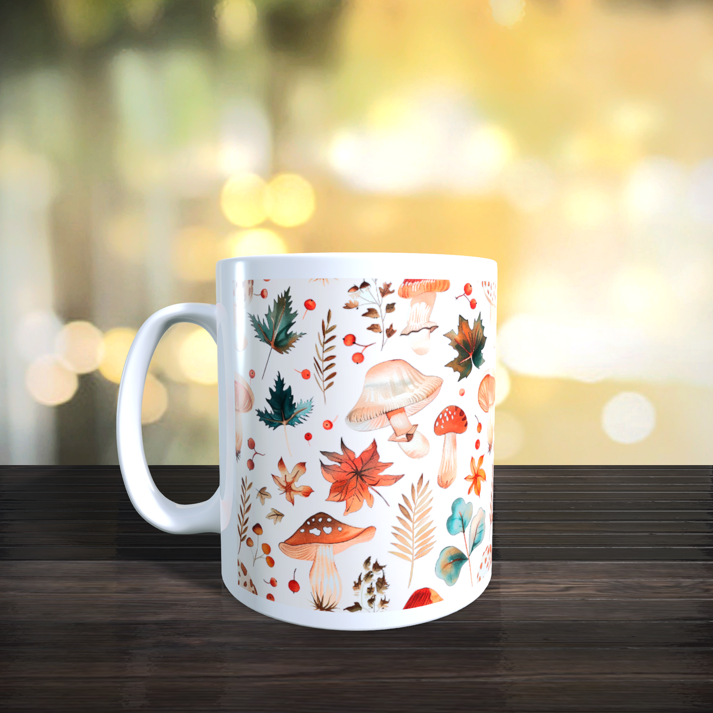 Cană ceramică personalizată „Ciuperci de pădure și frunze verzi” – 330 ml, albă