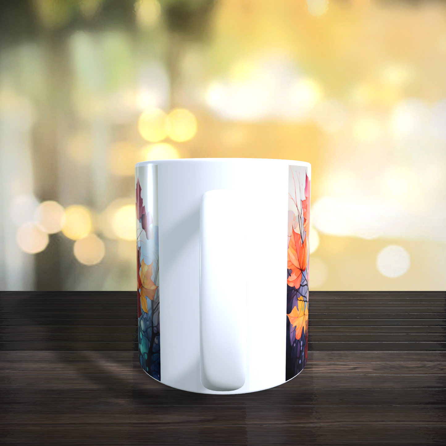 Cană ceramică personalizată cu ramuri și frunze colorate de toamnă – 330 ml, albă