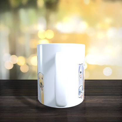 Cană ceramică personalizată „Câini veseli de rase diferite” – 330 ml, albă