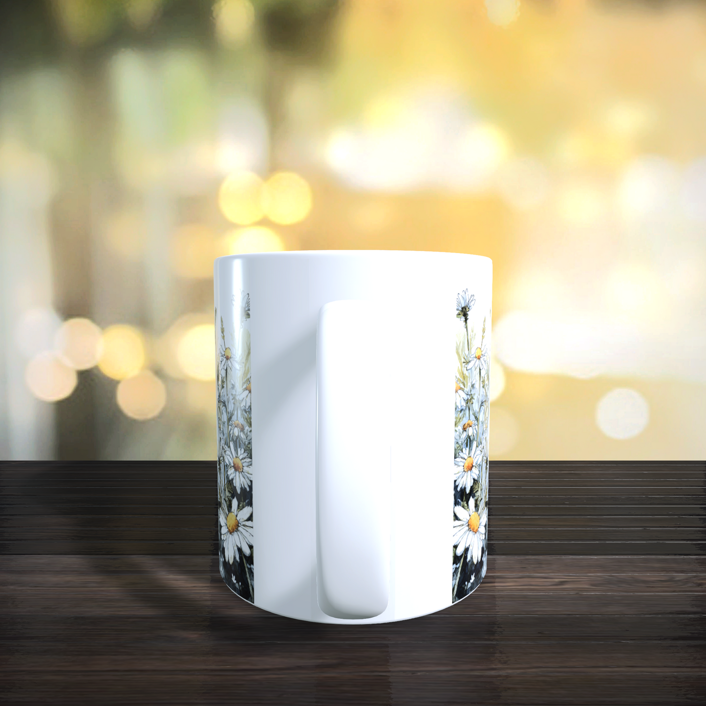 Cană ceramică personalizată „Fantomiță și pisică neagră printre margarete” – 330 ml, albă