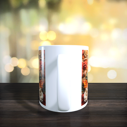 Cană ceramică personalizată „Pug printre flori” – 330 ml, albă