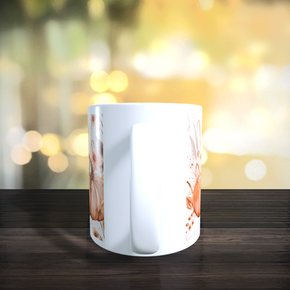 Cană ceramică personalizată „Dovleac de Toamnă Floral” – 330 ml, albă