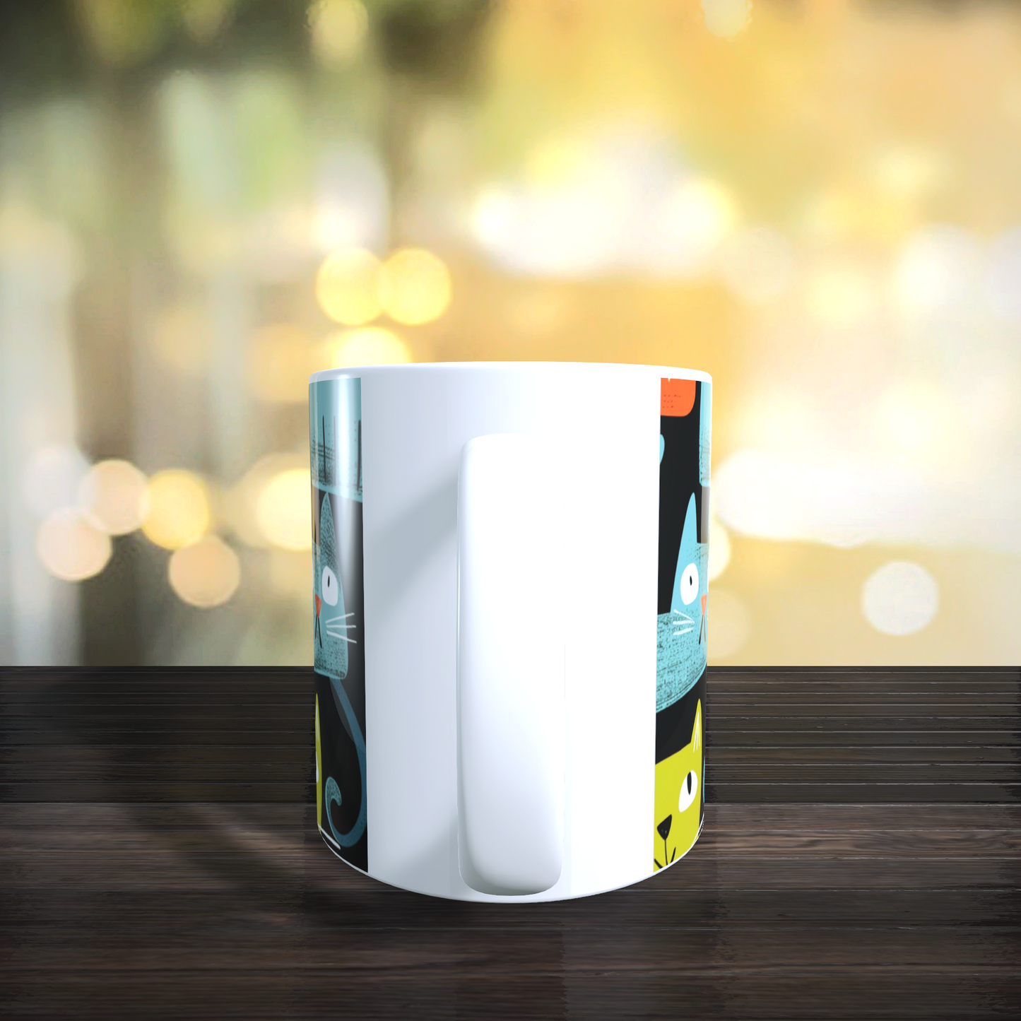 Cană ceramică personalizată „Pisici nebune pe fundal negru” – 330 ml, albă