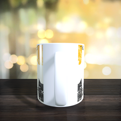Cană ceramică personalizată „Pisici minimaliste galben-negru” – 330 ml, albă