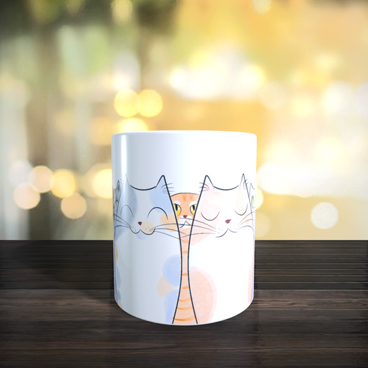 Cană ceramică personalizată „Pisici gri și portocalii – expresii haioase” – 330 ml, albă