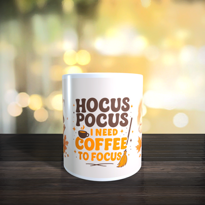 Cană ceramică personalizată „Hocus Pocus – I need coffee to focus” – 330 ml
