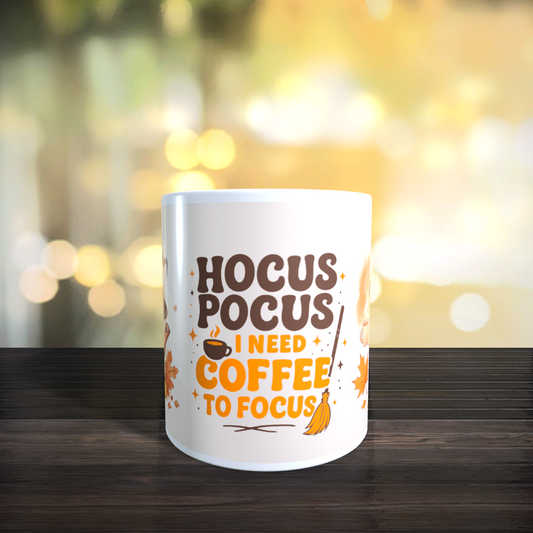 Cană ceramică personalizată „Hocus Pocus – I need coffee to focus” – 330 ml
