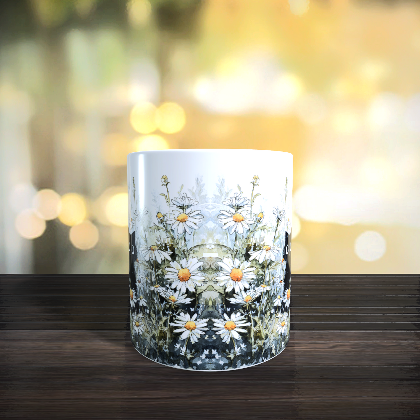 Cană ceramică personalizată „Fantomiță și pisică neagră printre margarete” – 330 ml, albă