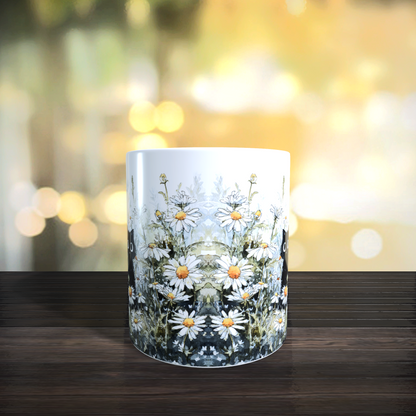 Cană ceramică personalizată „Fantomiță și pisică neagră printre margarete” – 330 ml, albă