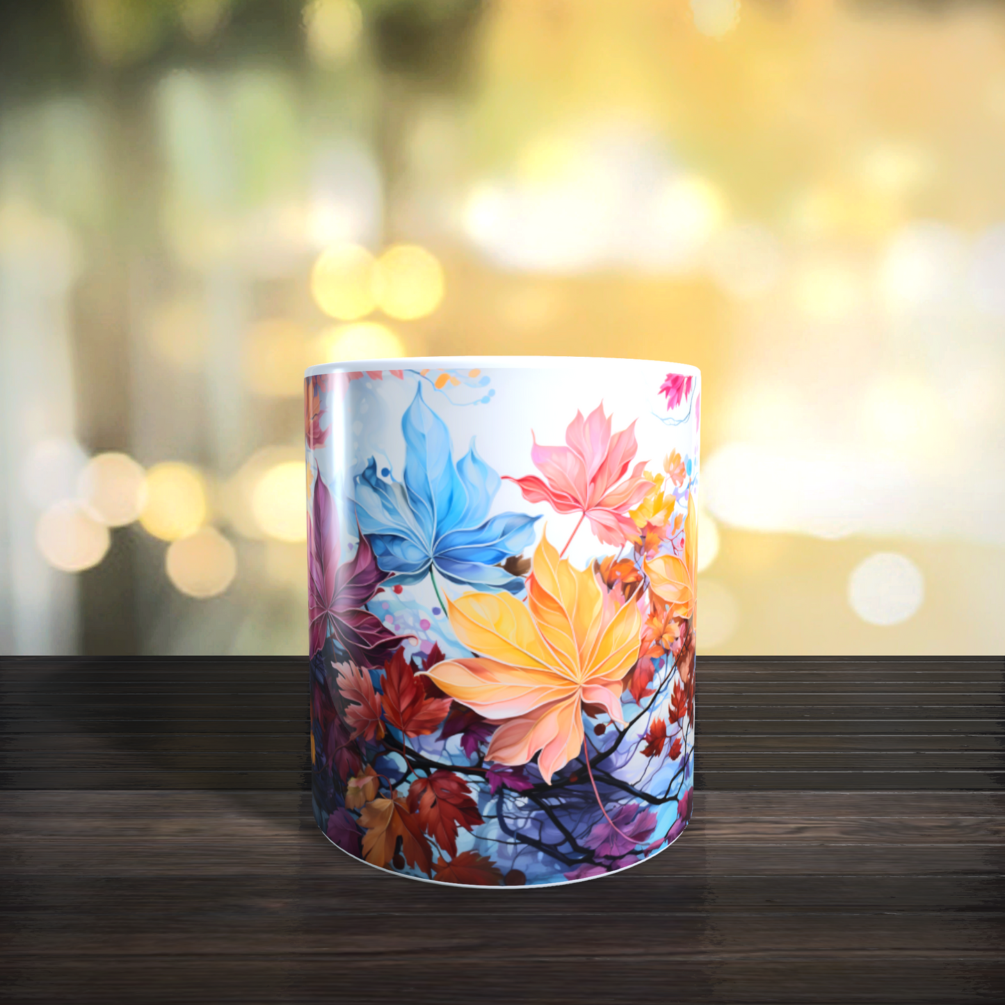 Cană ceramică personalizată cu frunze pastel și accente de toamnă – 330 ml, albă