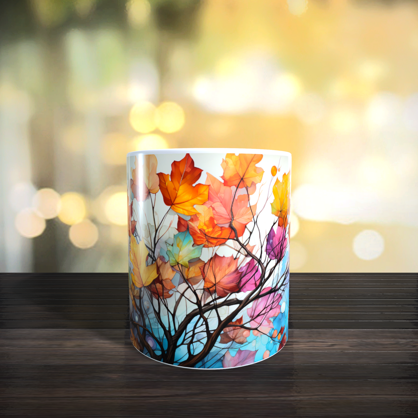 Cană ceramică personalizată cu ramuri și frunze colorate de toamnă – 330 ml, albă