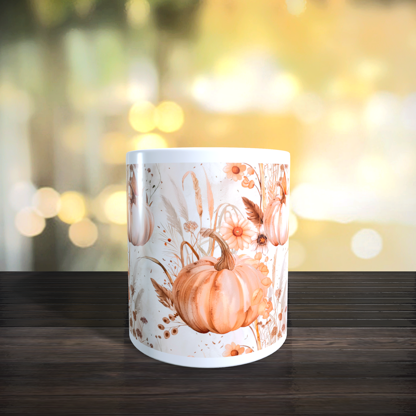 Cană ceramică personalizată „Dovleac de Toamnă Floral” – 330 ml, albă