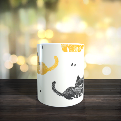 Cană ceramică personalizată „Pisici minimaliste galben-negru” – 330 ml, albă