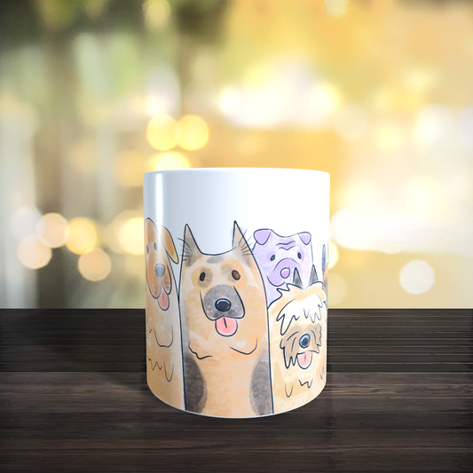 Cană ceramică personalizată „Câini veseli de rase diferite” – 330 ml, albă