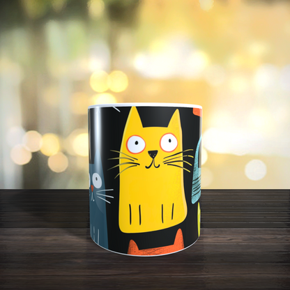 Cană ceramică personalizată „Pisici nebune pe fundal negru” – 330 ml, albă