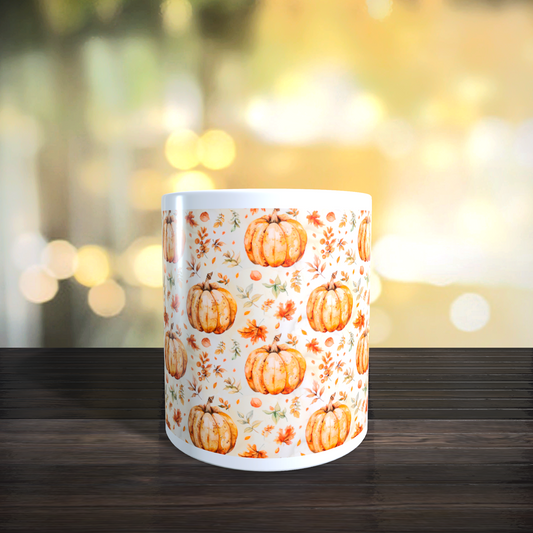 Cană ceramică personalizată „Dovleci și frunze de Toamnă” – 330 ml, albă