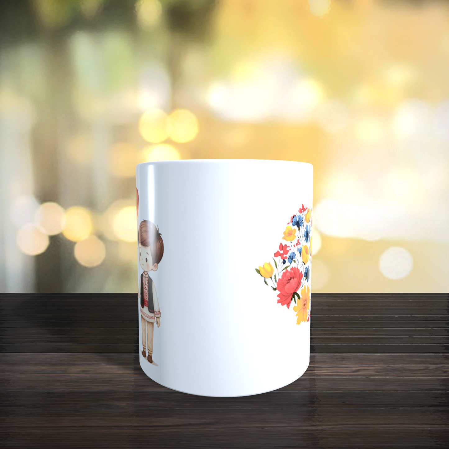 Cană personalizată „România înflorită” – design cu port popular și hartă florală tricoloră